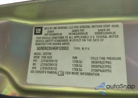 2006 Hummer H2 Suv from USA, damaged, VIN 5GRGN23U46H120953